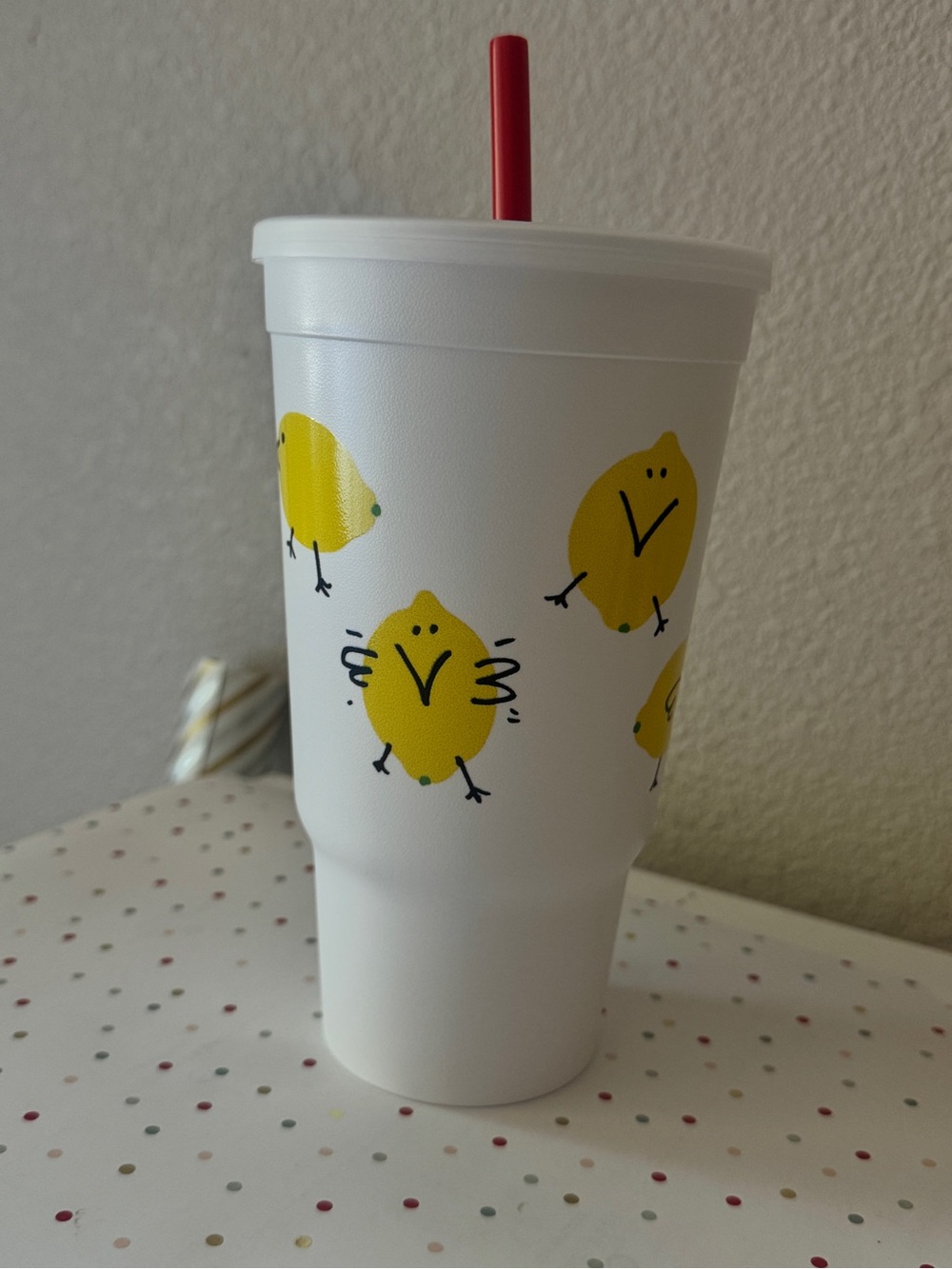 White Party Tumbler Cup with Yellow Chick Design and Red Straw